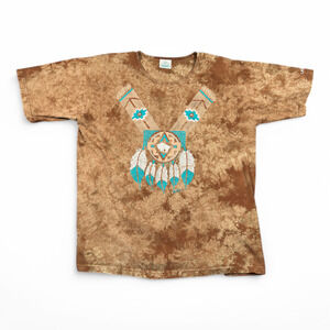Vintage Native American Shirt Womens LARGE Brown Tie Dye Turquoise Jewelry 90s